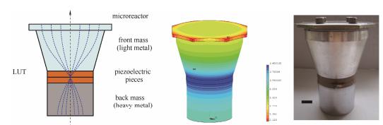 圖4超聲微反應(yīng)器、振動位移分布及實物圖（標(biāo)尺為10mm）