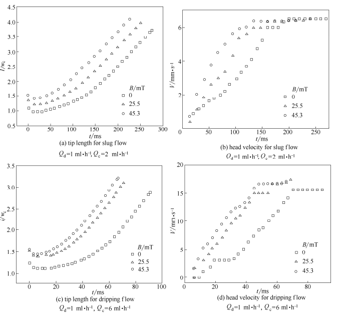 不同磁感應(yīng)強(qiáng)度對分散相頭部長度及瞬時(shí)速度的影響