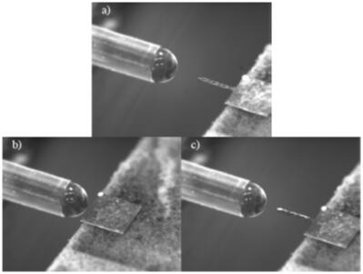 定制的微針涂覆設(shè)備和微針涂覆過程：a）涂覆前；b）微針涂覆中；c）撤回微針，完成涂覆
