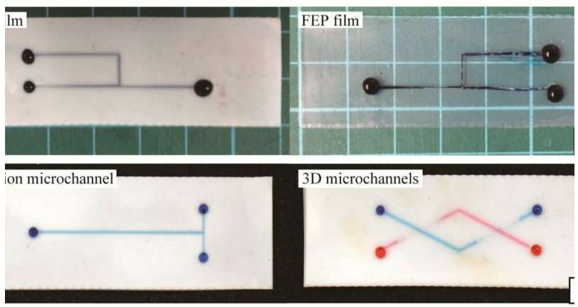 代表性的含氟聚合物微通道，其中充滿含水染料的水。圖片來源：SUTD